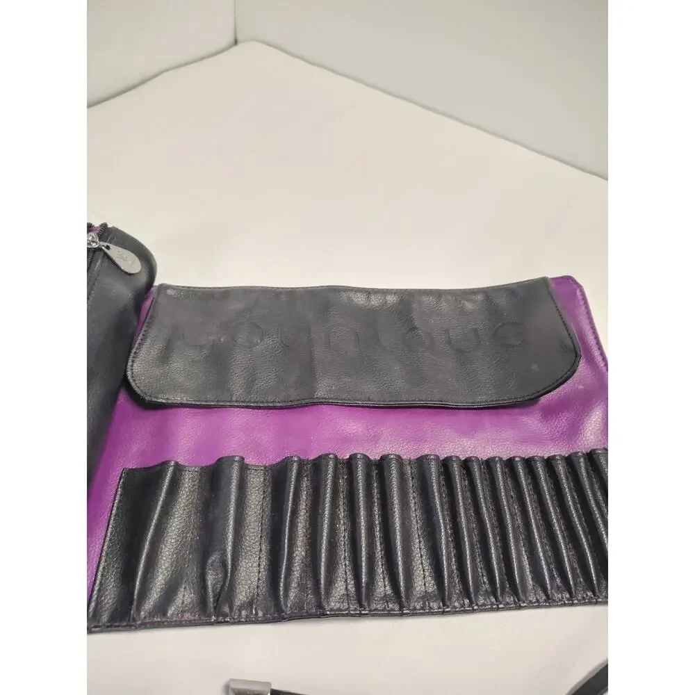 Younique Makeup Brush Case Roll Up Bag Zipper Pouch & Tie-15 slots Black Purple